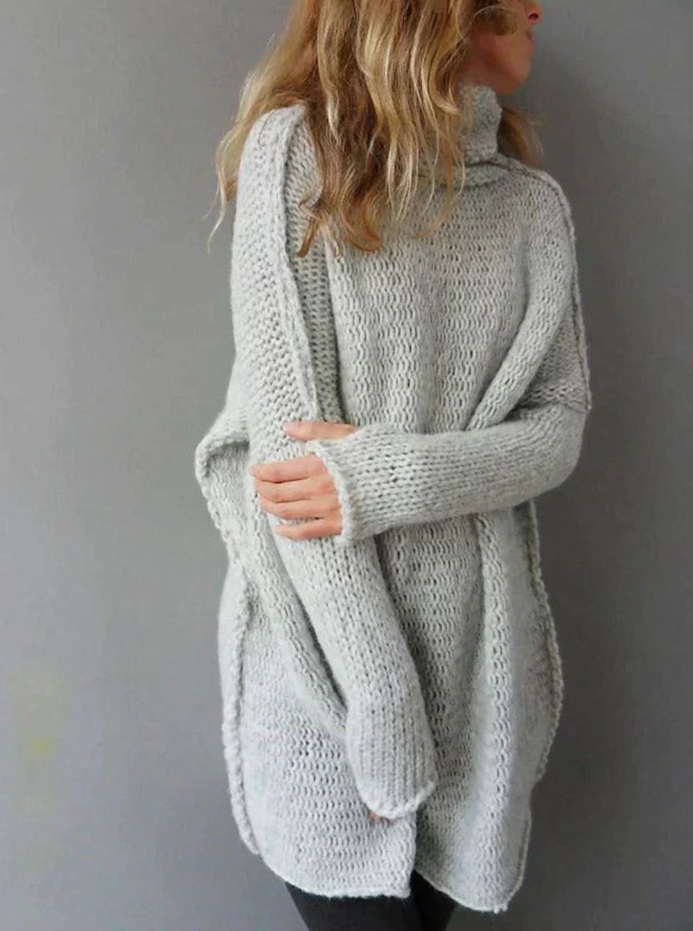 Women's Oversized Turtleneck Jumper Longline Knit Pullover, Light Grey