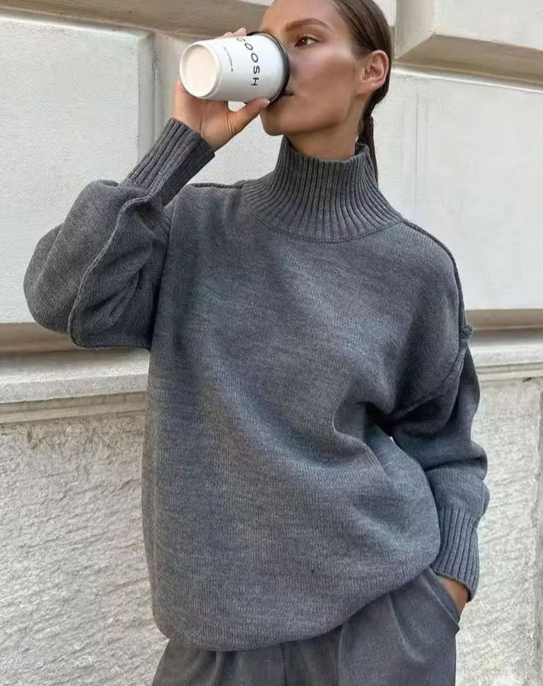 Women's Oversized Turtleneck Jumper Ribbed Cuff Knit Top - Grey