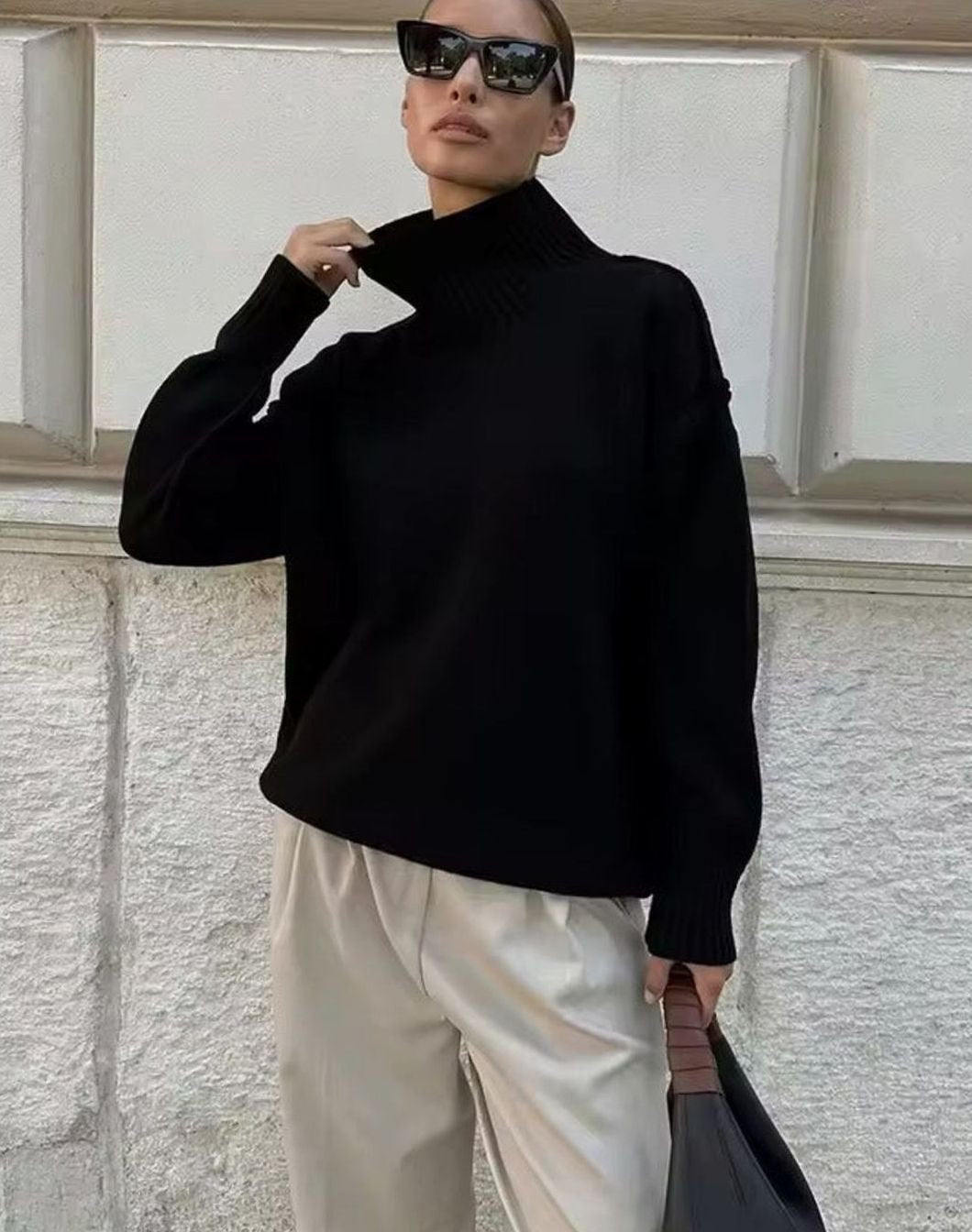 Women's Oversized Turtleneck Jumper Ribbed Cuff Knit Top - Black