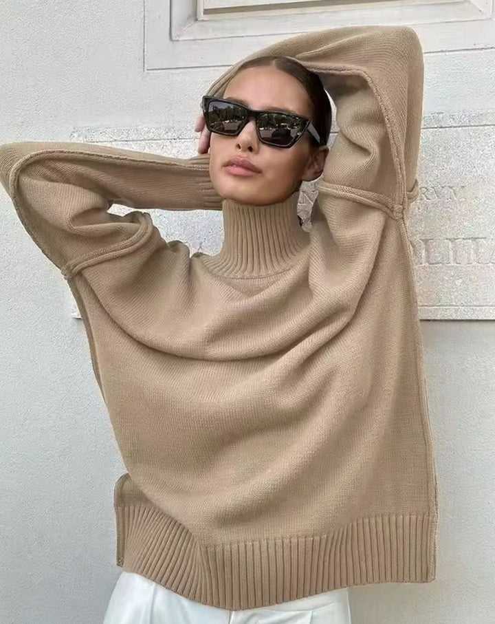 Women's Oversized Turtleneck Jumper Ribbed Cuff Knit Top - Khaki