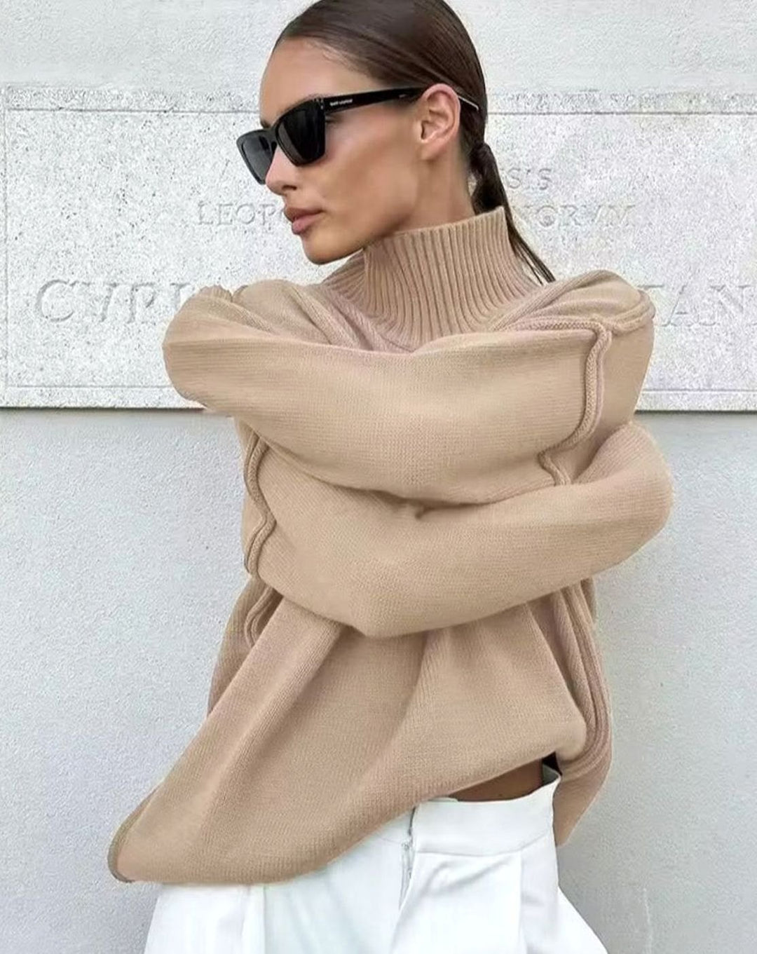 Women's Oversized Turtleneck Jumper Ribbed Cuff Knit Top