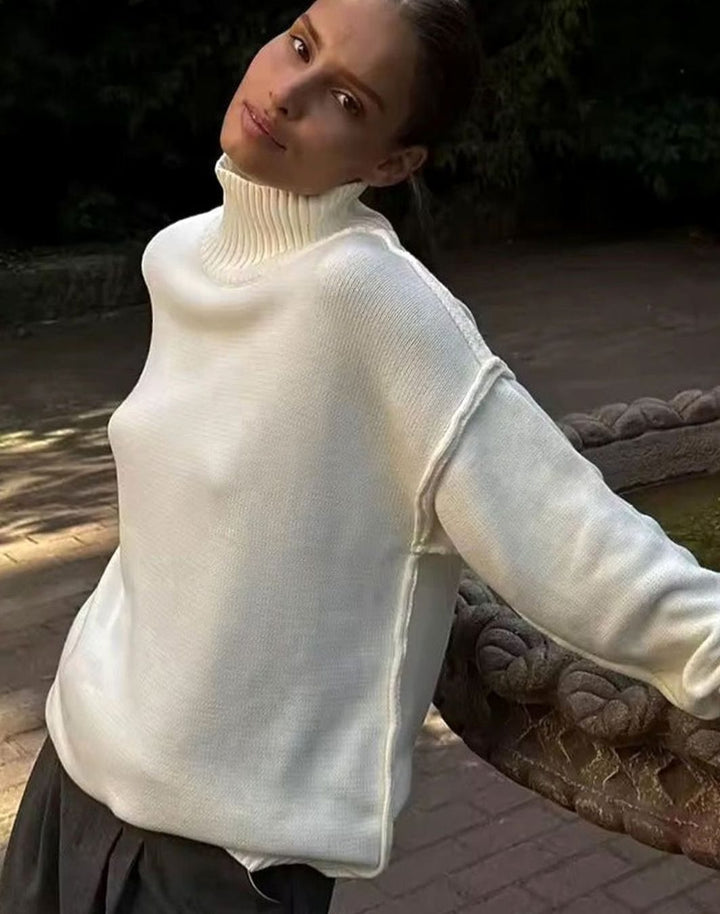 Women's Oversized Turtleneck Jumper Ribbed Cuff Knit Top - White