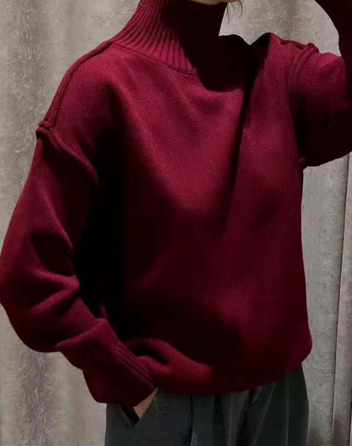 Women's Oversized Turtleneck Jumper Ribbed Cuff Knit Top - Burgundy