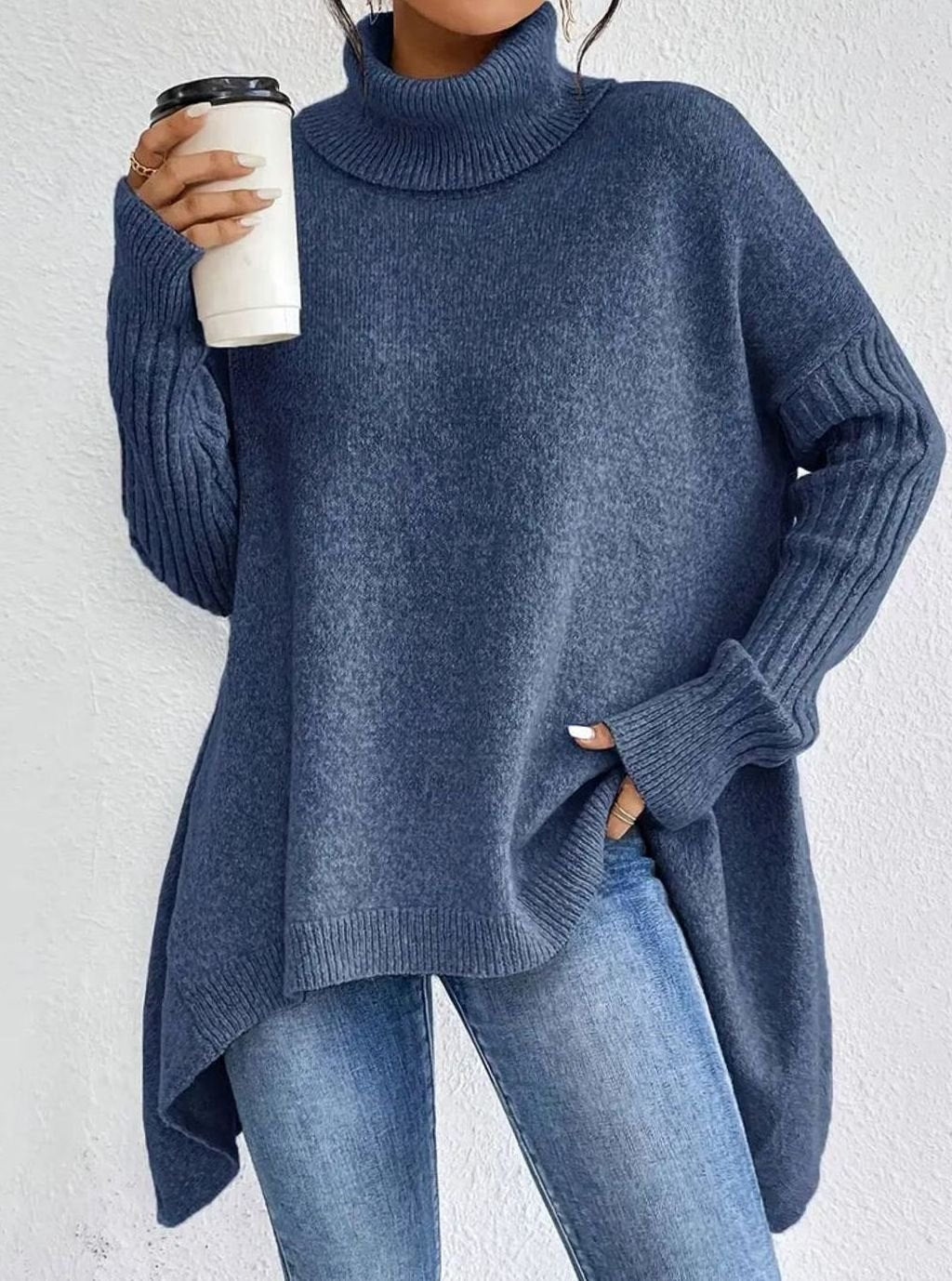Women's Oversized Turtleneck Jumper Ribbed-Cuff Long Knit Pullover - Ocean Blue