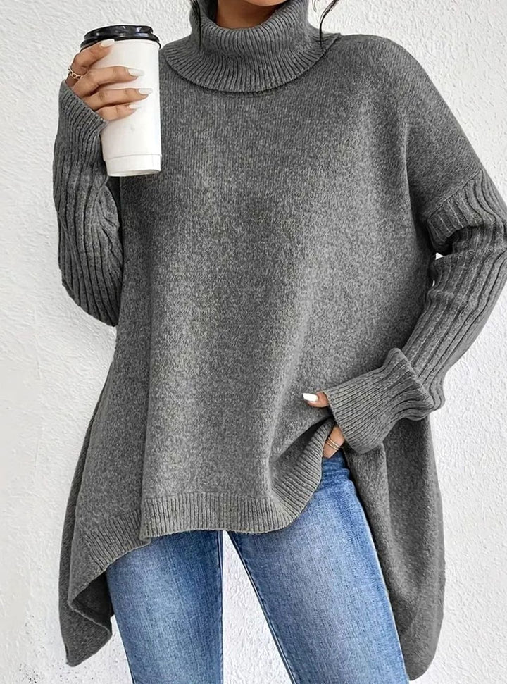 Women's Oversized Turtleneck Jumper Ribbed-Cuff Long Knit Pullover - Stone Grey