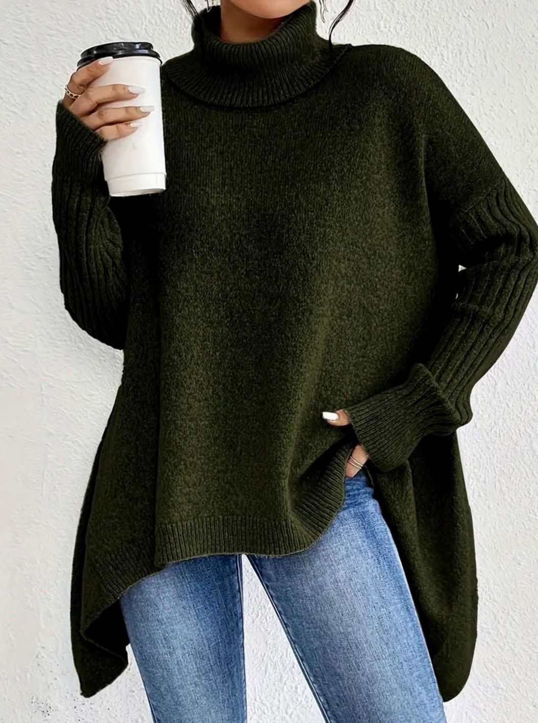 Women's Oversized Turtleneck Jumper Ribbed-Cuff Long Knit Pullover - Pine Green