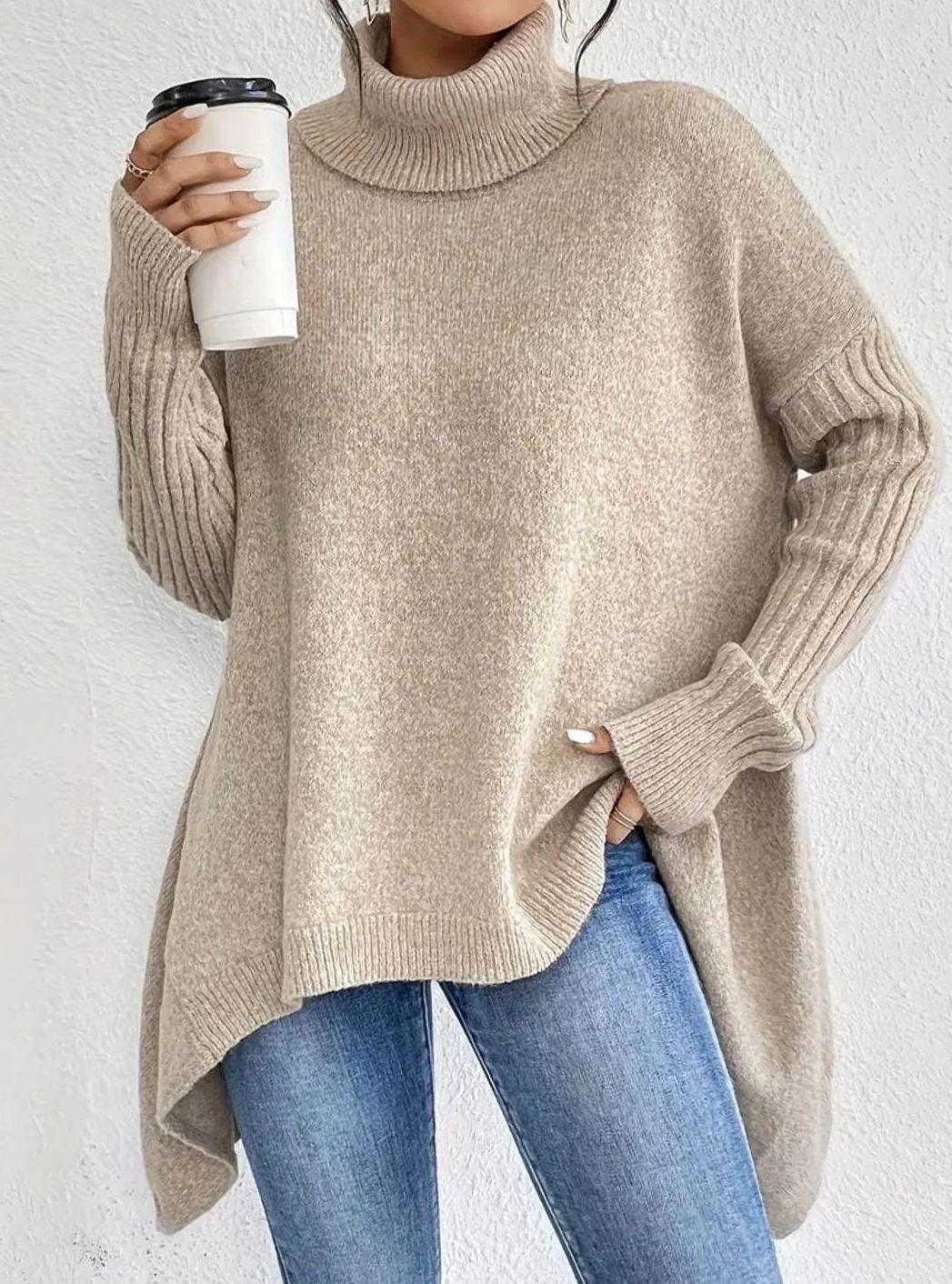 Women's Oversized Turtleneck Jumper Ribbed-Cuff Long Knit Pullover - Desert Khaki