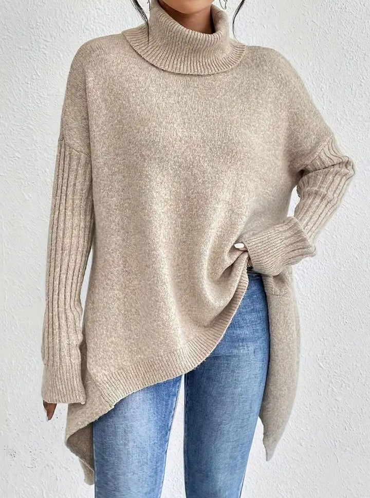 Women's Oversized Turtleneck Jumper Ribbed-Cuff Long Knit Pullover