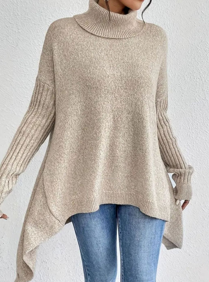 Women's Oversized Turtleneck Jumper Ribbed-Cuff Long Knit Pullover