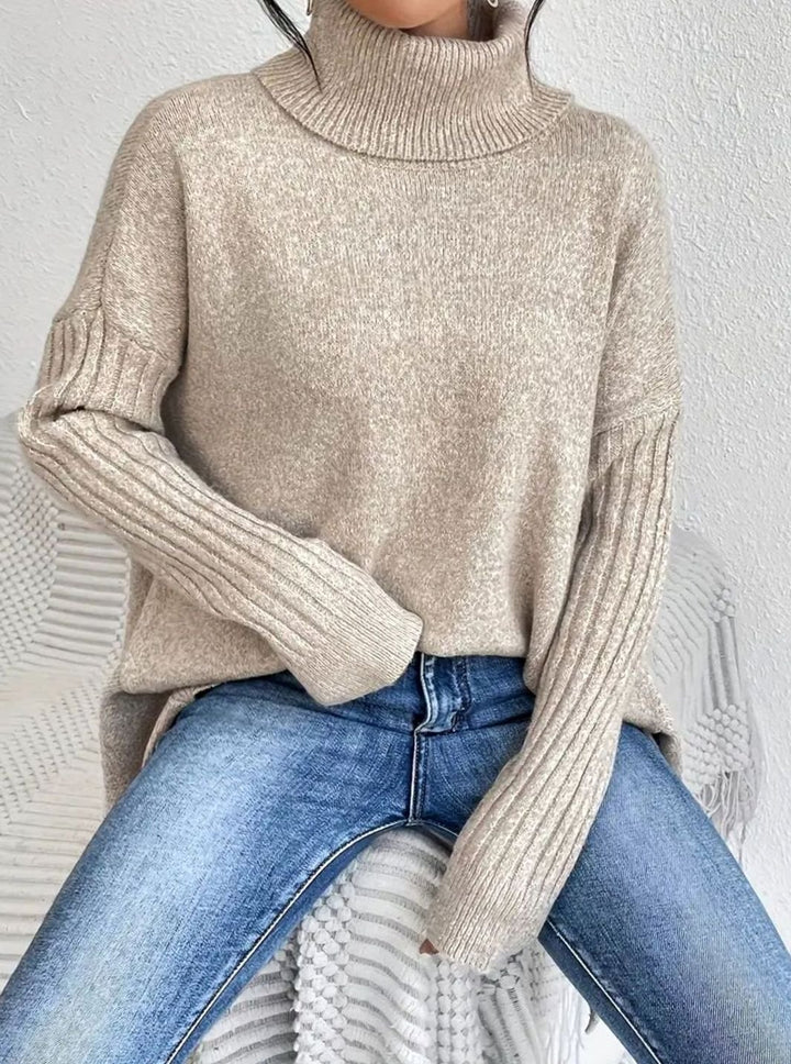 Women's Oversized Turtleneck Jumper Ribbed-Cuff Long Knit Pullover
