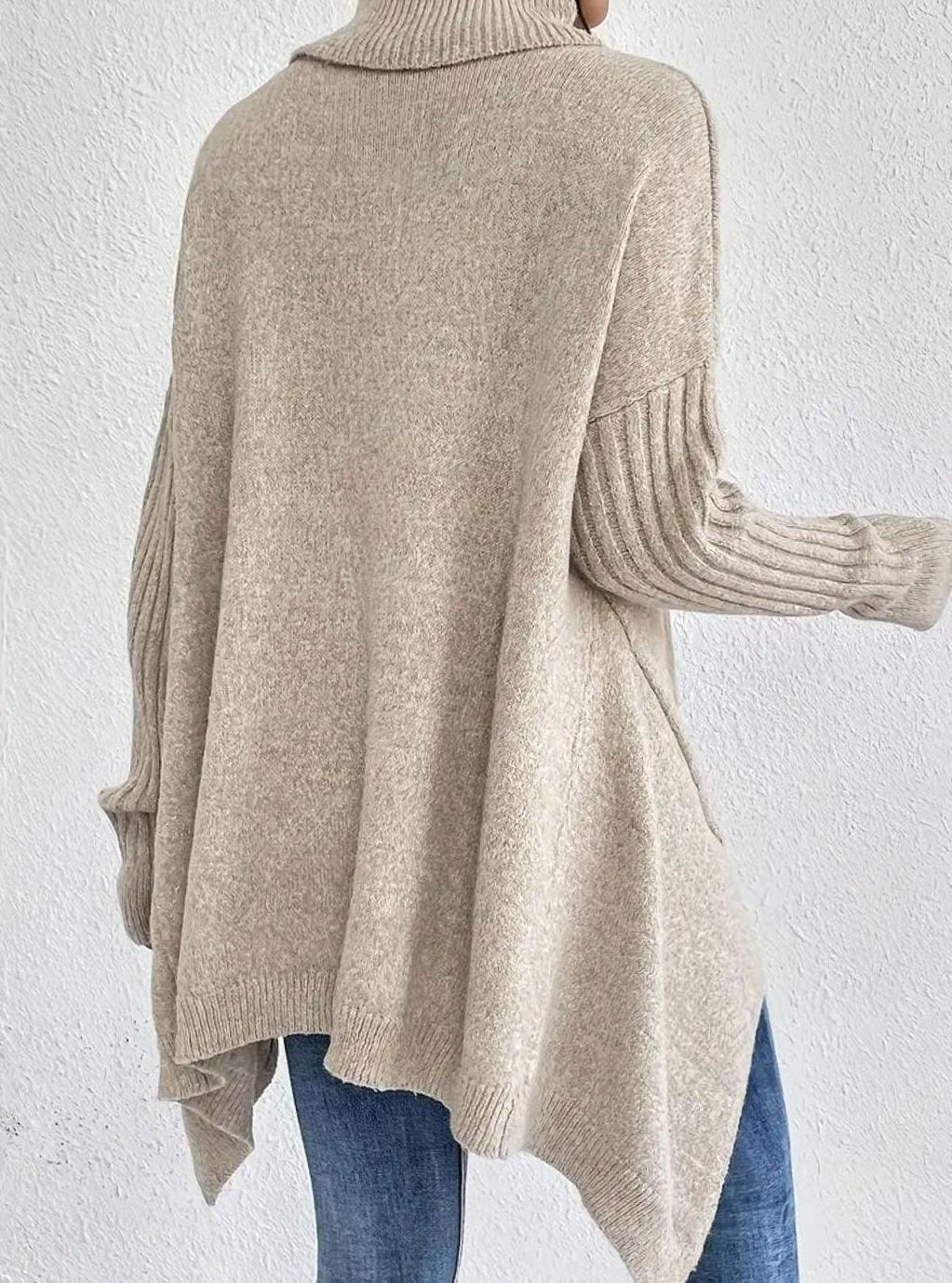 Women's Oversized Turtleneck Jumper Ribbed-Cuff Long Knit Pullover