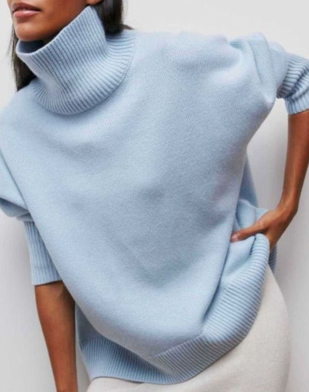 Women's Oversized Turtleneck Jumper Ribbed-Hem Knit Poncho Top - Light Blue