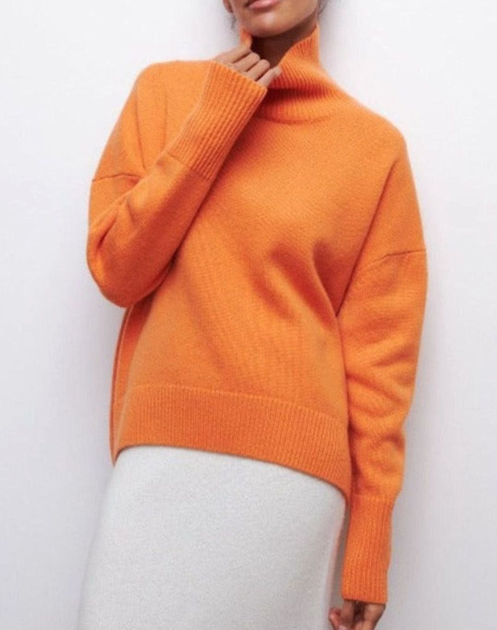 Women's Oversized Turtleneck Jumper Ribbed-Hem Knit Poncho Top - Orange