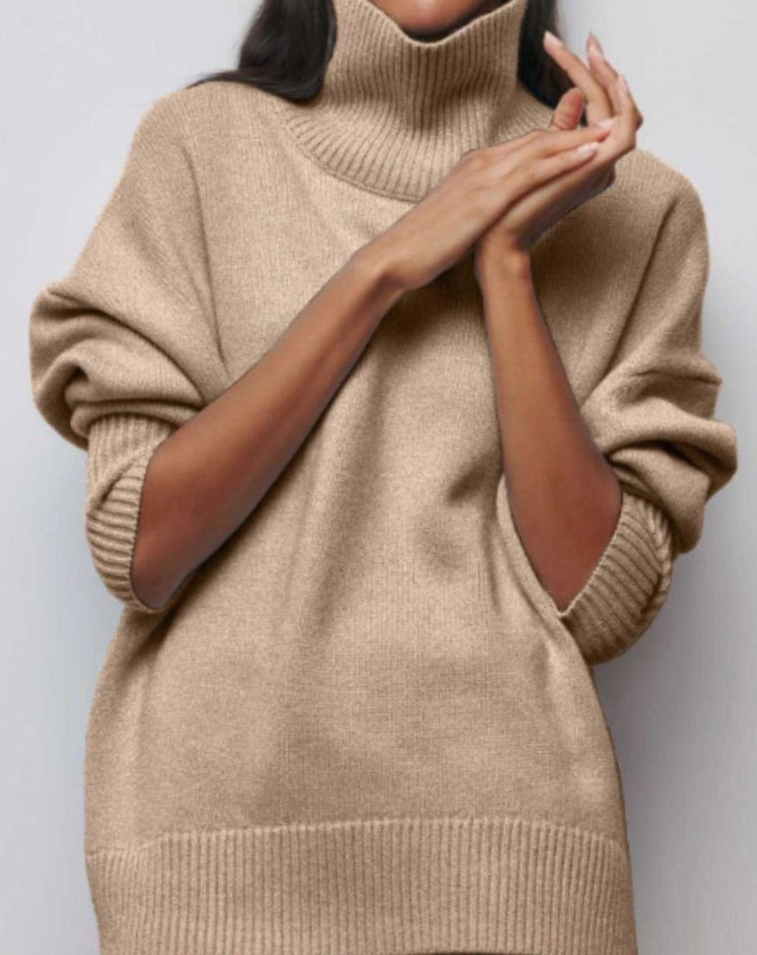 Women's Oversized Turtleneck Jumper Ribbed-Hem Knit Poncho Top - Khaki