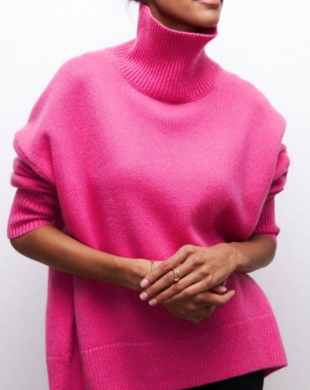 Women's Oversized Turtleneck Jumper Ribbed-Hem Knit Poncho Top - Pink