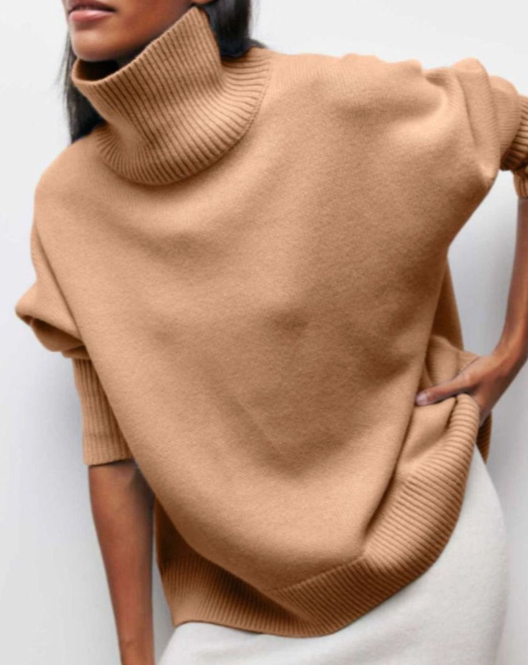 Women's Oversized Turtleneck Jumper Ribbed-Hem Knit Poncho Top - Brown