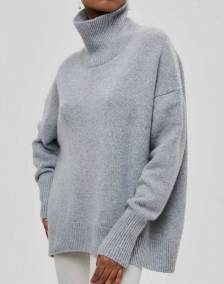 Women's Oversized Turtleneck Jumper Ribbed-Hem Knit Poncho Top - Grey