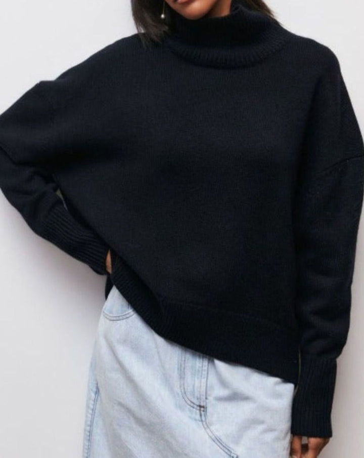 Women's Oversized Turtleneck Jumper Ribbed-Hem Knit Poncho Top - Black
