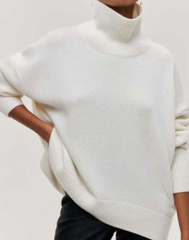 Women's Oversized Turtleneck Jumper Ribbed-Hem Knit Poncho Top - White