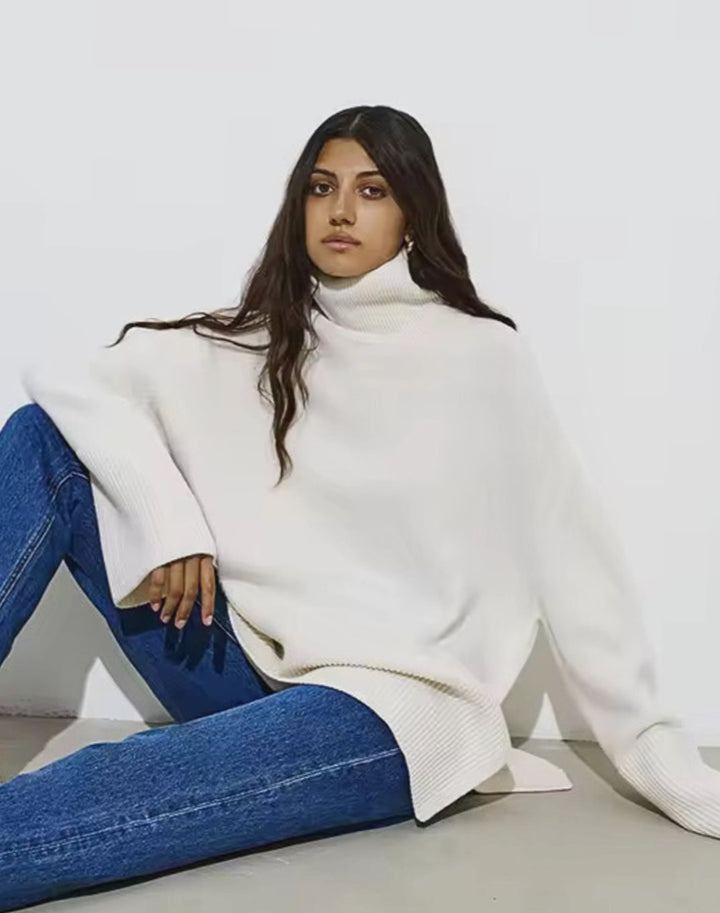 Women's Oversized Turtleneck Jumper Side-Slit Knit