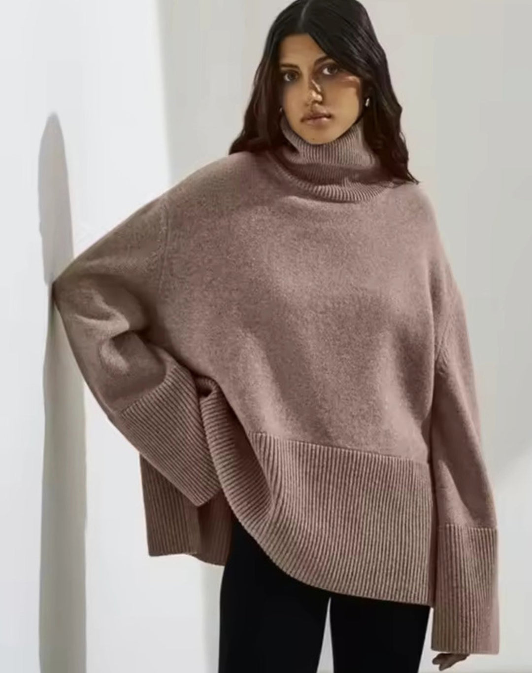 Women's Oversized Turtleneck Jumper Side-Slit Knit - Brown