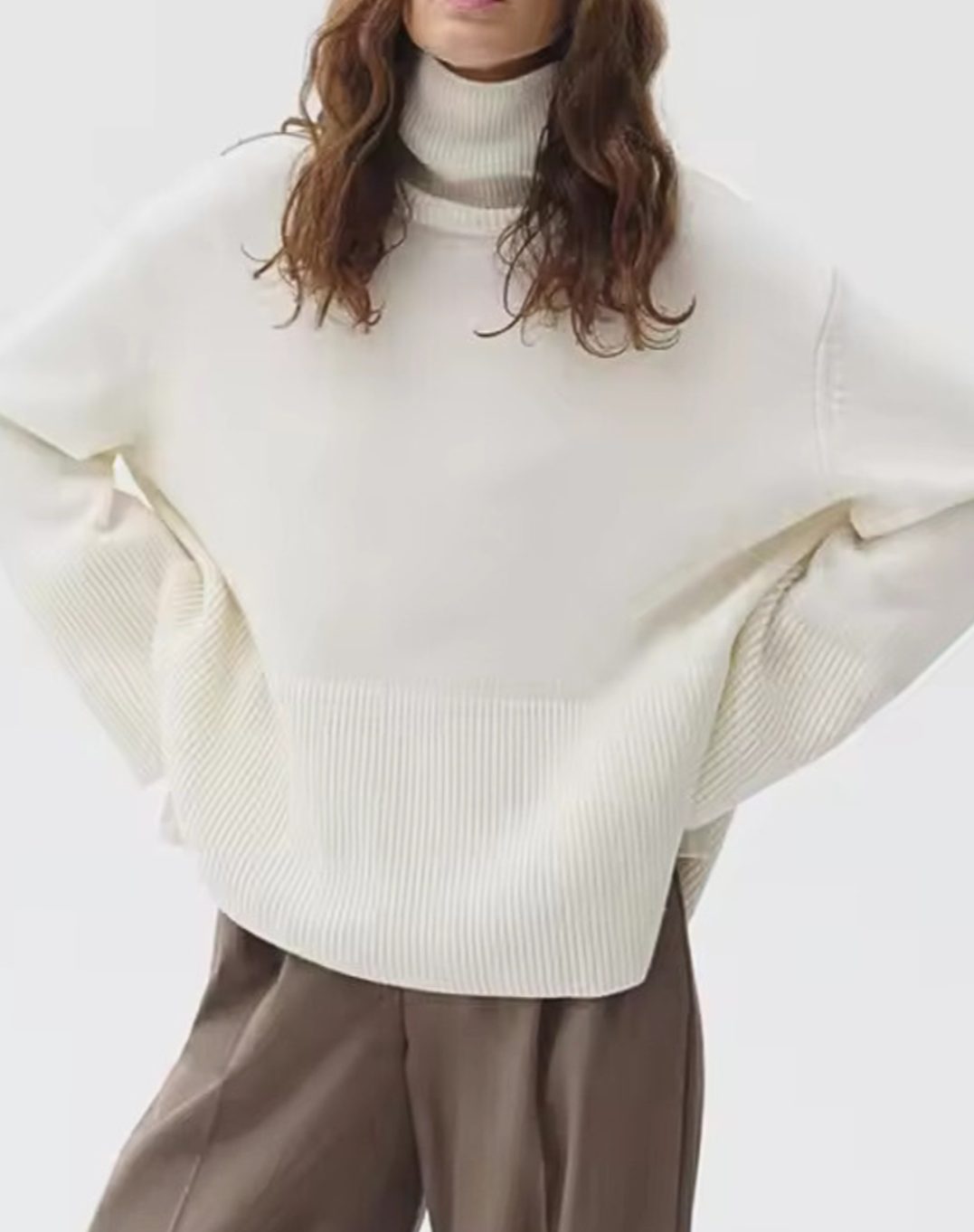 Women's Oversized Turtleneck Jumper Side-Slit Knit - White