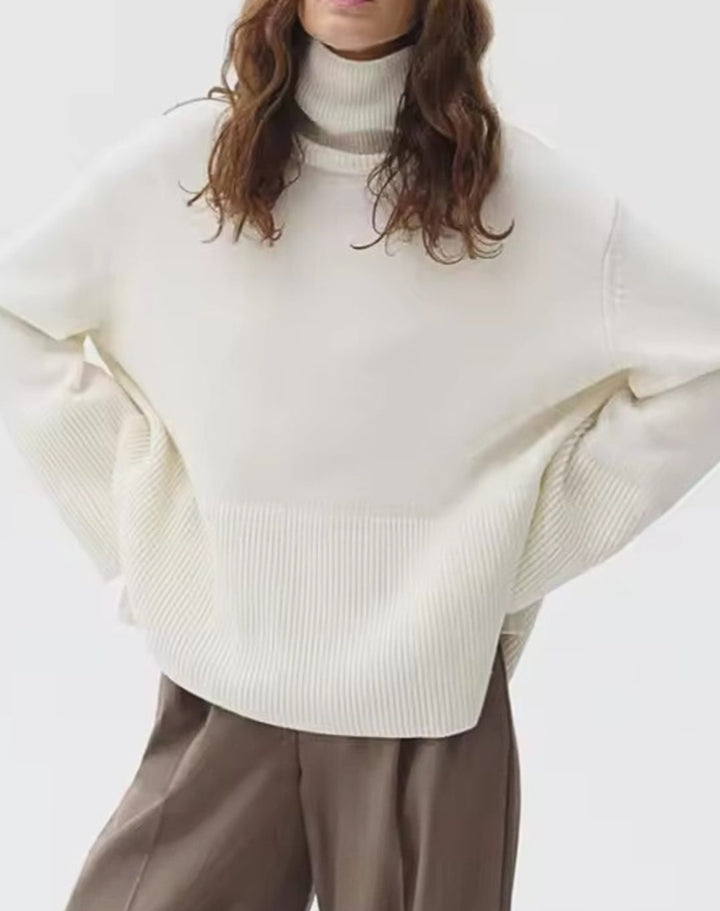Women's Oversized Turtleneck Jumper Side-Slit Knit - White
