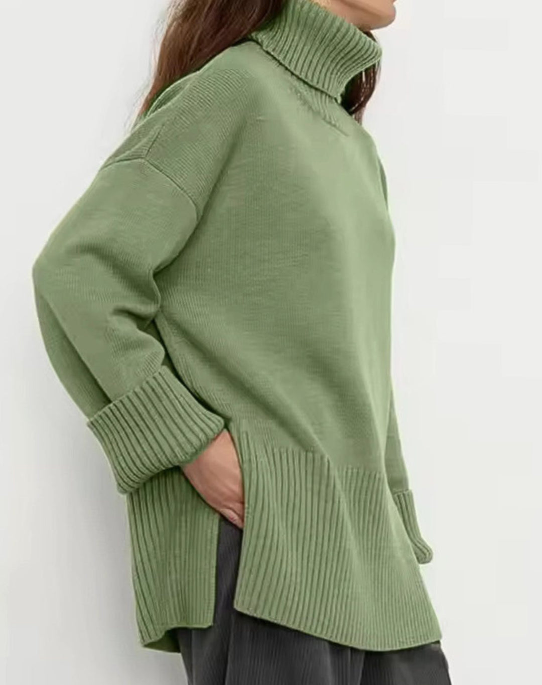 Women's Oversized Turtleneck Jumper Side-Slit Knit