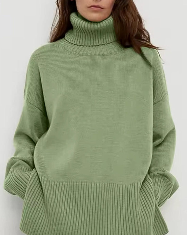 Women's Oversized Turtleneck Jumper Side-Slit Knit - Green