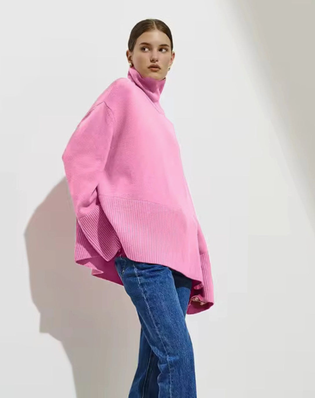 Women's Oversized Turtleneck Jumper Side-Slit Knit - Pink