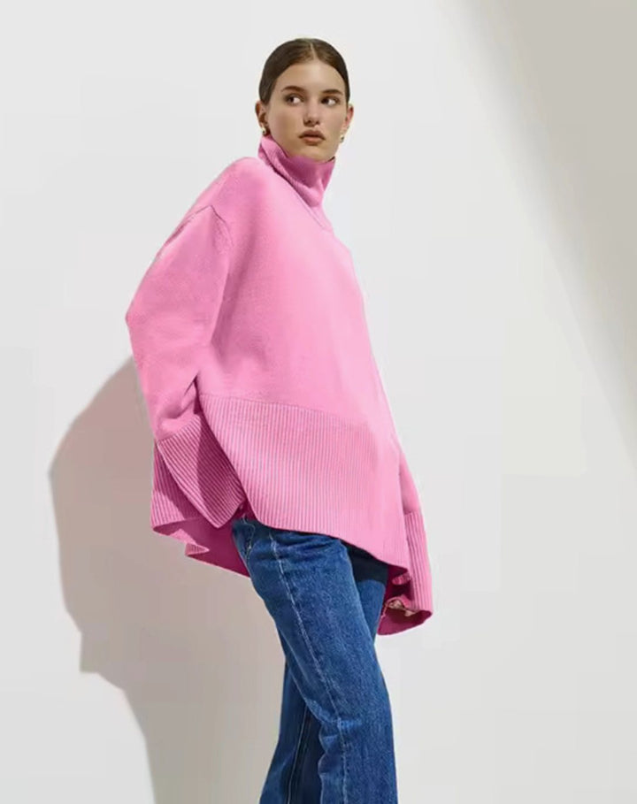 Women's Oversized Turtleneck Jumper Side-Slit Knit - Pink