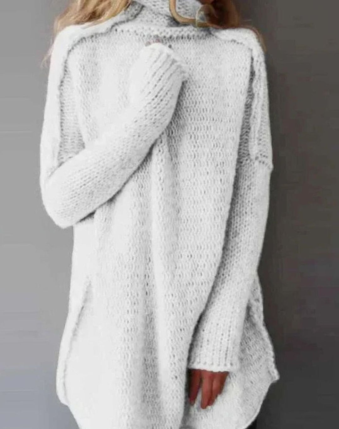 Women's Oversized Turtleneck Knitted Jumper, Grey - White