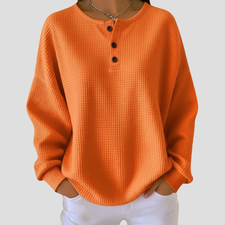 Women's Oversized Waffle-Knit Henley Button Sweatshirt