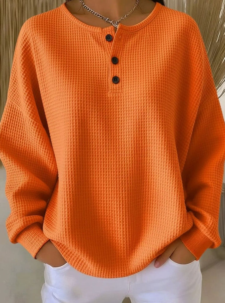 Women's Oversized Waffle-Knit Henley Button Sweatshirt - Orange