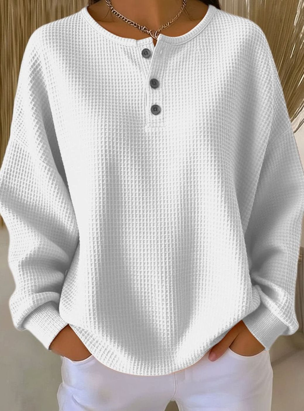 Women's Oversized Waffle-Knit Henley Button Sweatshirt - White