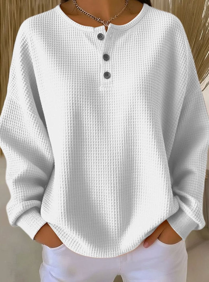 Women's Oversized Waffle-Knit Henley Button Sweatshirt - White