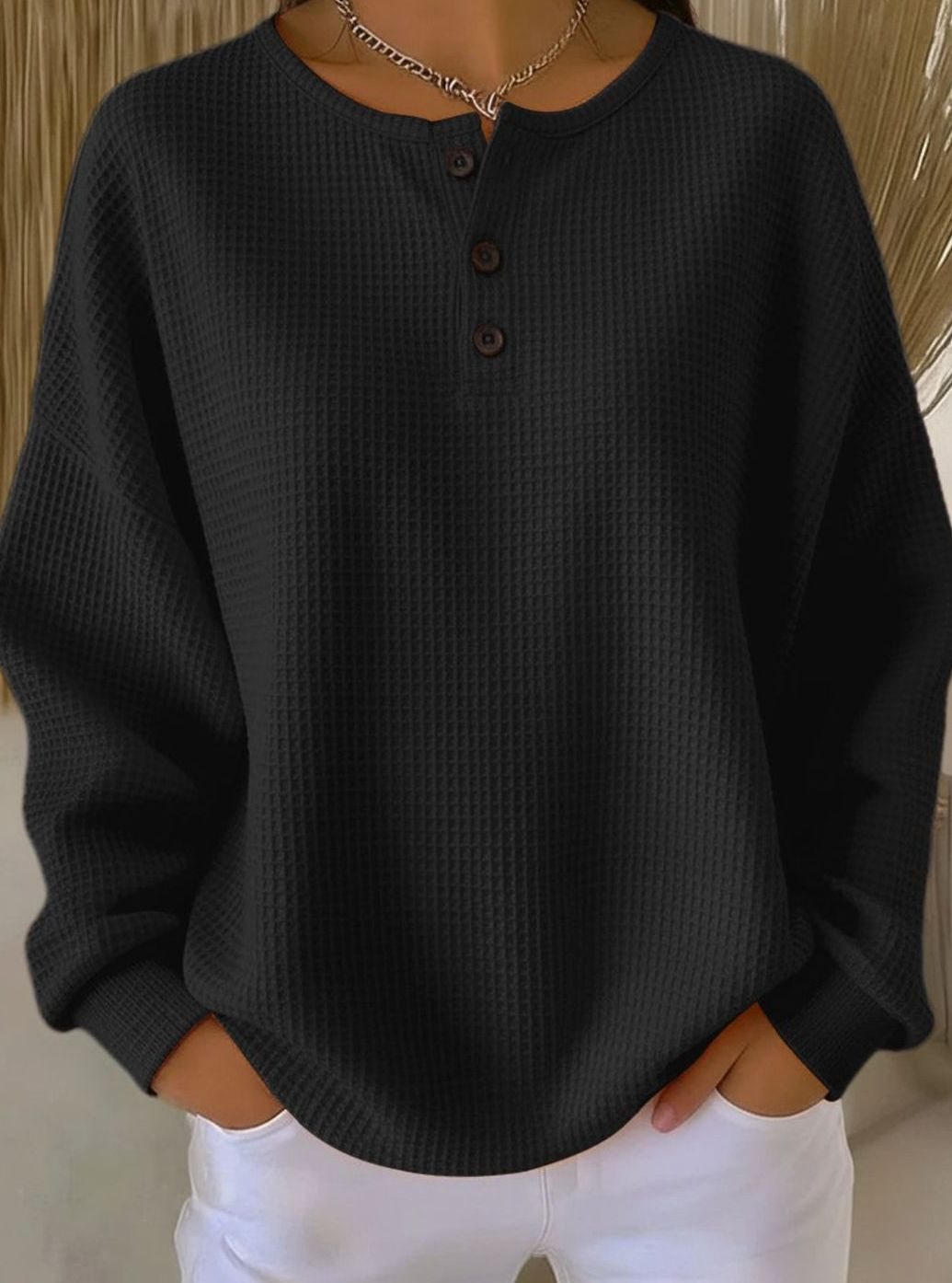 Women's Oversized Waffle-Knit Henley Button Sweatshirt - Black