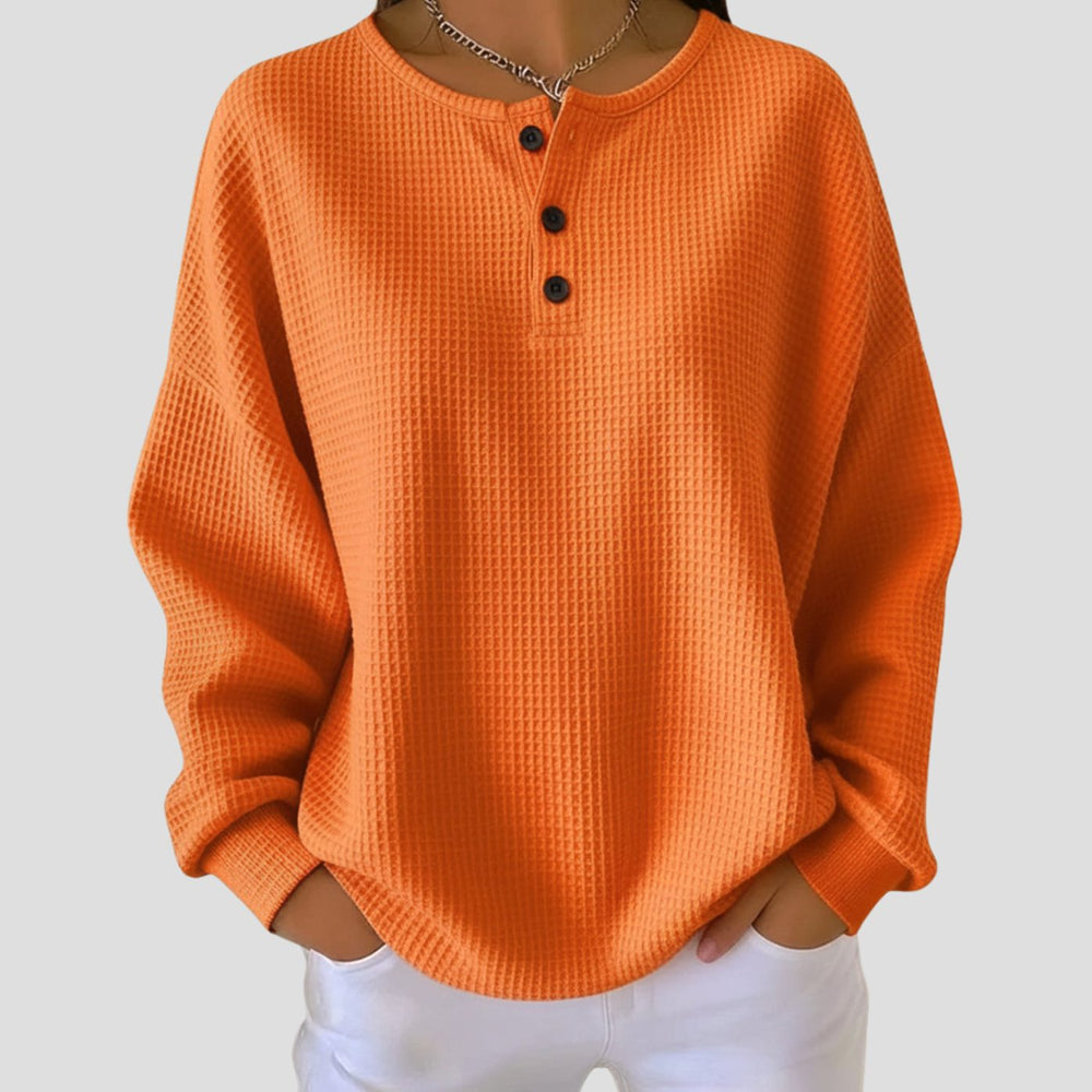 Women's Oversized Waffle-Knit Henley Sweatshirt Jumper
