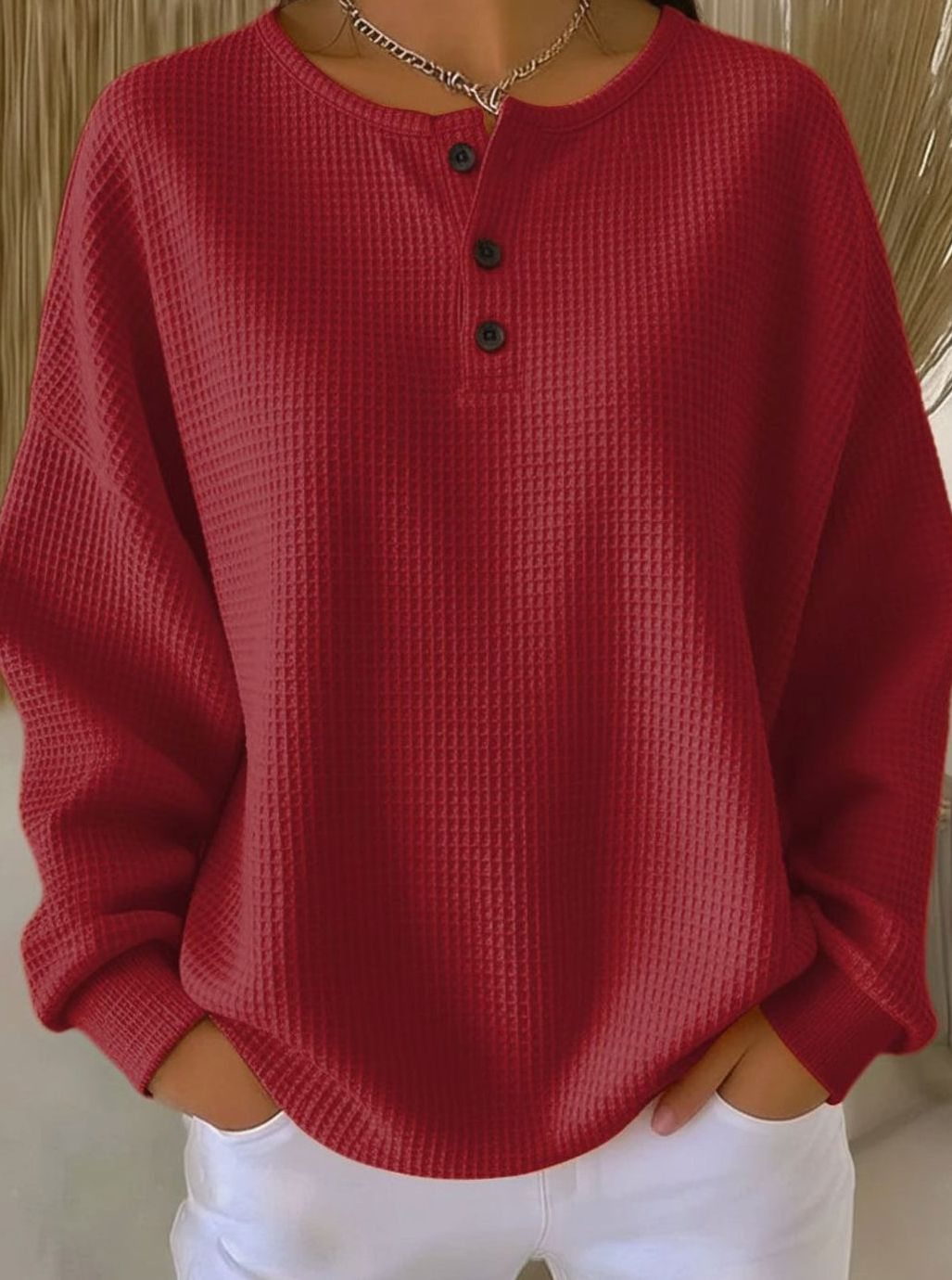 Women's Oversized Waffle-Knit Henley Sweatshirt Jumper - Red