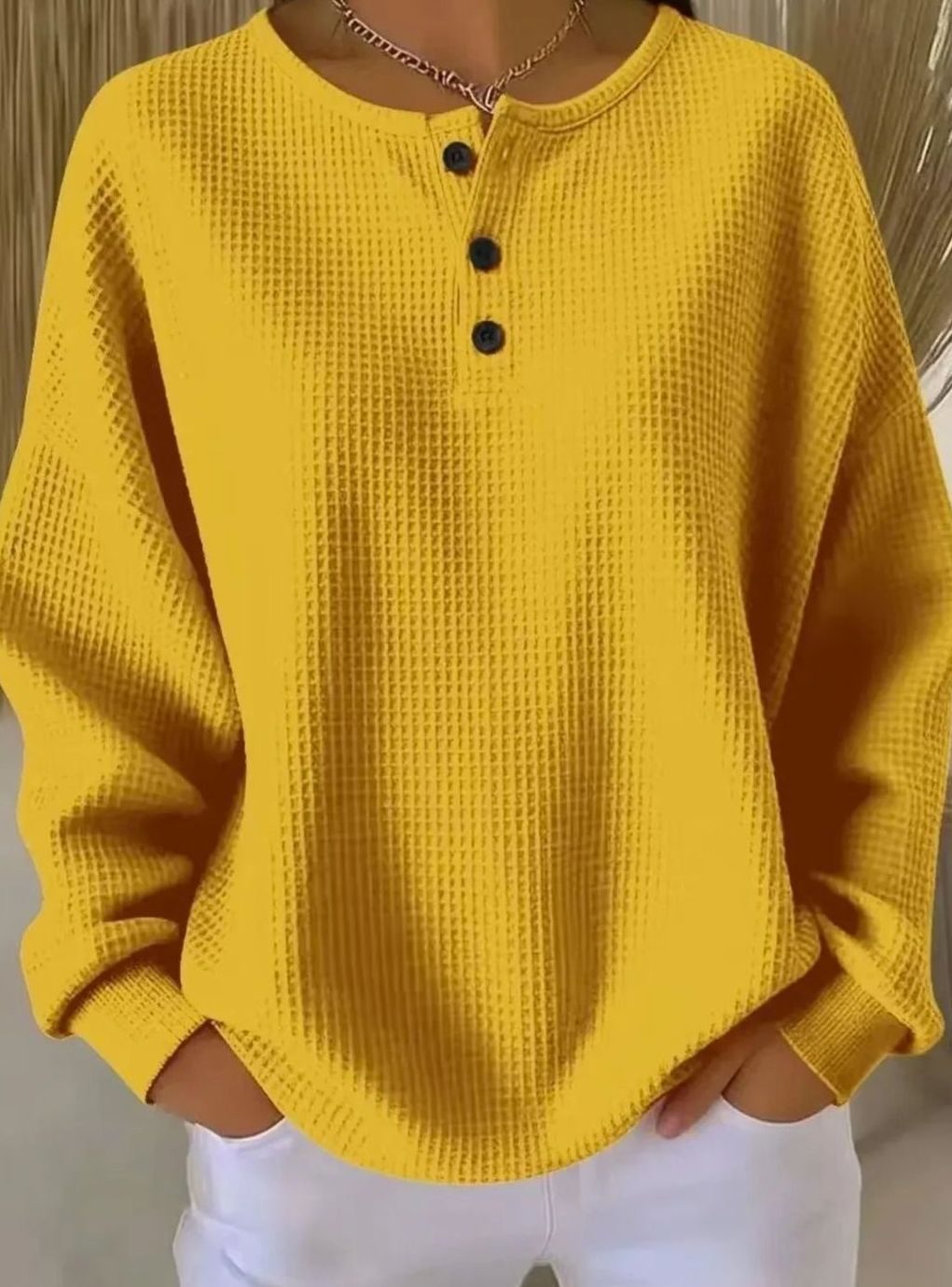 Women's Oversized Waffle-Knit Henley Sweatshirt Jumper - Yellow