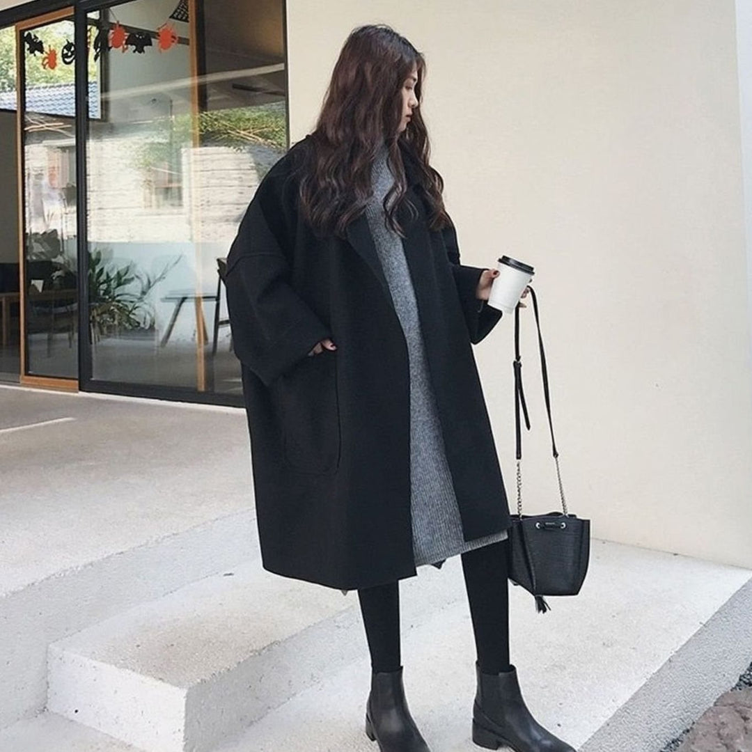 Women's Oversized Wool-Blend Long Trench Coat - Black