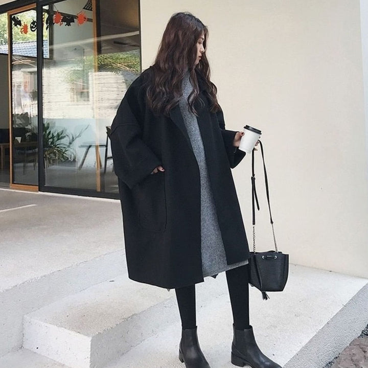 Women's Oversized Wool-Blend Long Trench Coat - Black