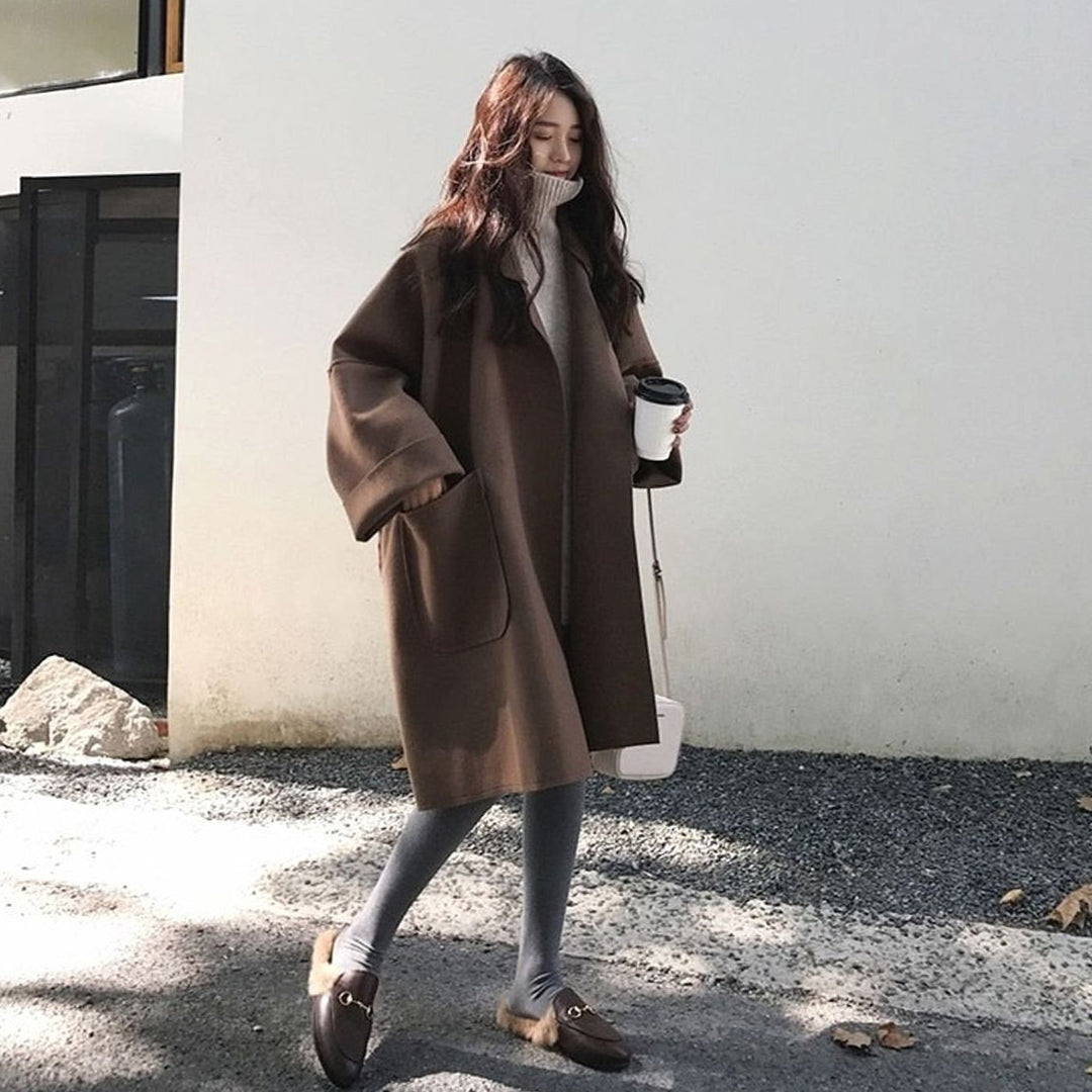 Women's Oversized Wool-Blend Long Trench Coat - Coffee