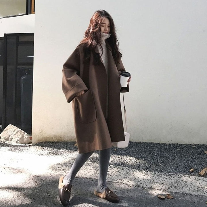 Women's Oversized Wool-Blend Long Trench Coat - Coffee