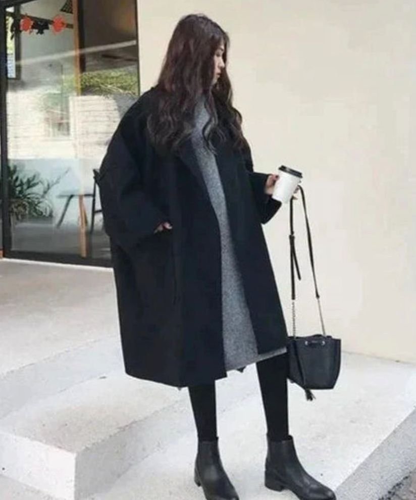 Women's Oversized Wool-Blend Longline Winter Coat, Black - Black