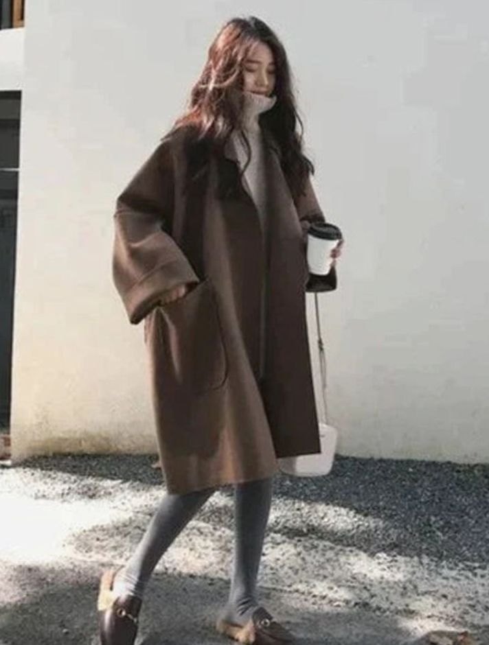 Women's Oversized Wool-Blend Longline Winter Coat, Black - Coffee