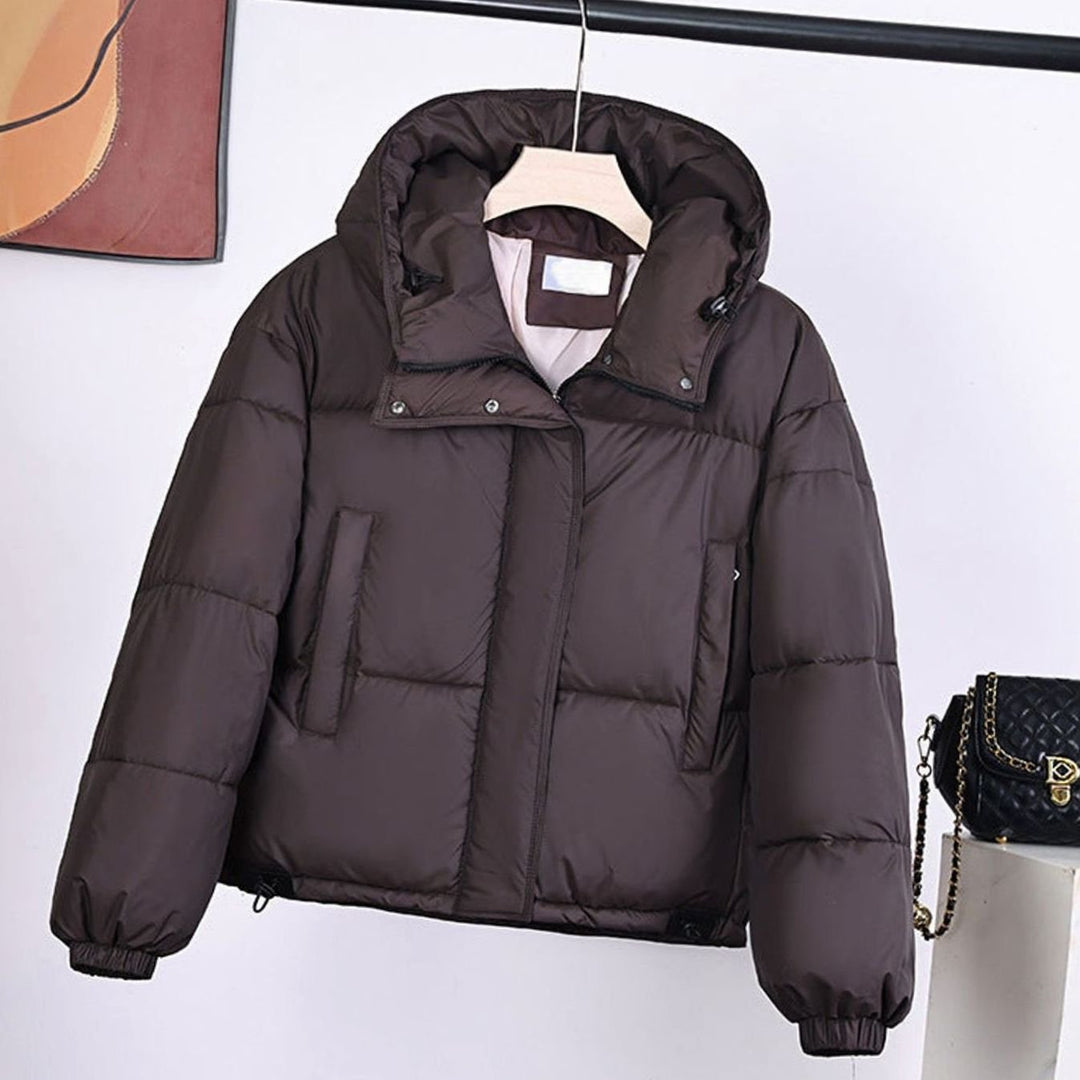 Women's Padded Hooded Boxy-Fit Puffer Jacket Concealed Zip - Dark Brown