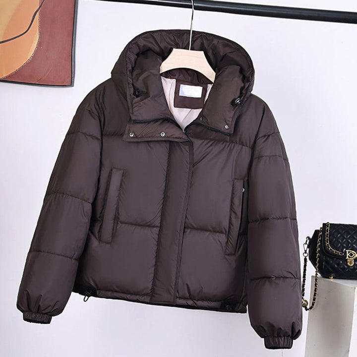 Women's Padded Hooded Boxy-Fit Puffer Jacket Concealed Zip - Dark Brown