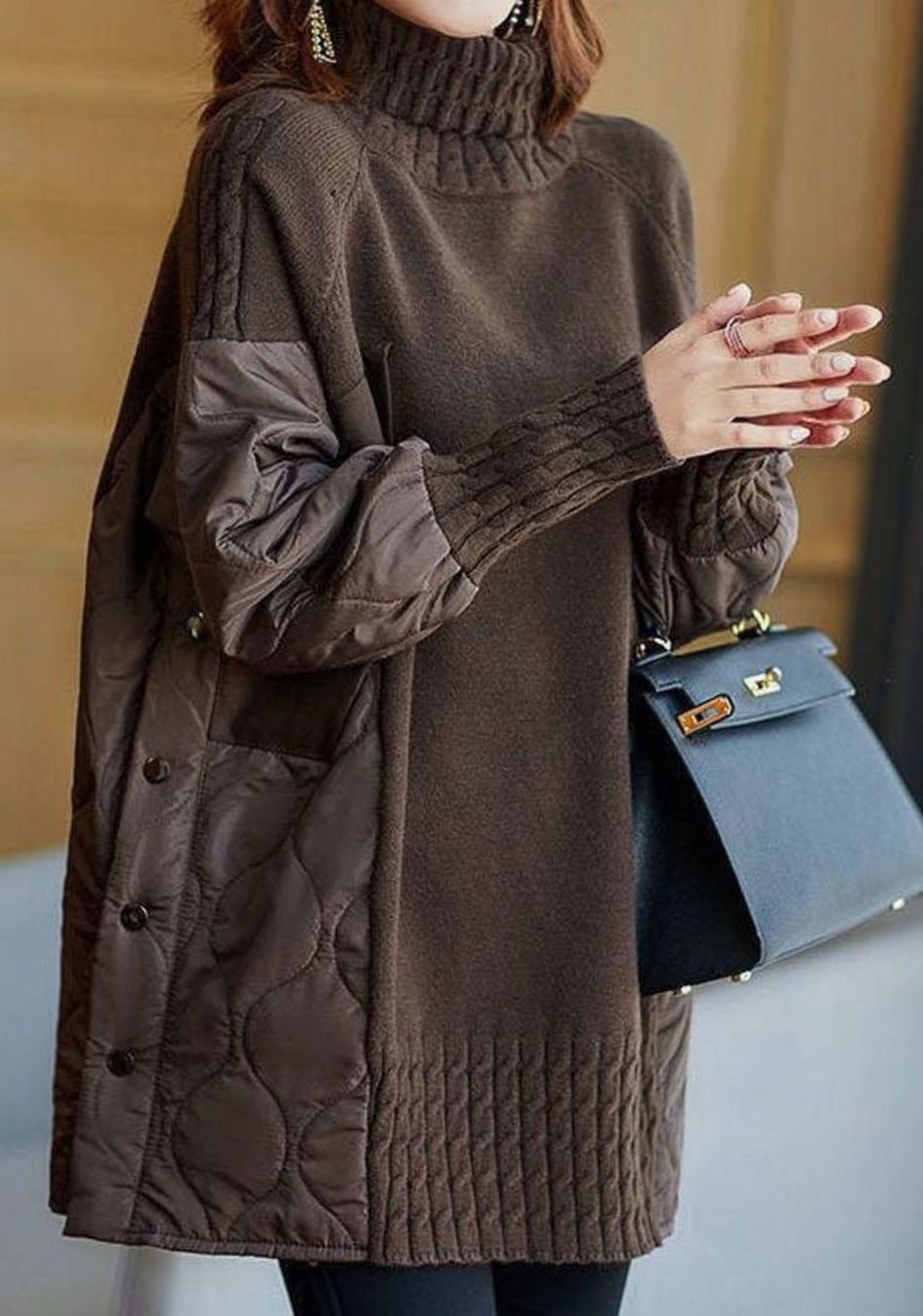 Women's Patchwork Turtleneck Jumper Relaxed Quilted Knit - Coffee