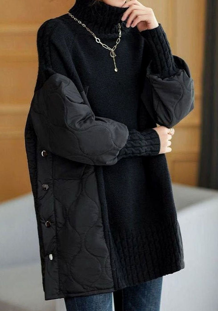 Women's Patchwork Turtleneck Jumper Relaxed Quilted Knit - Black